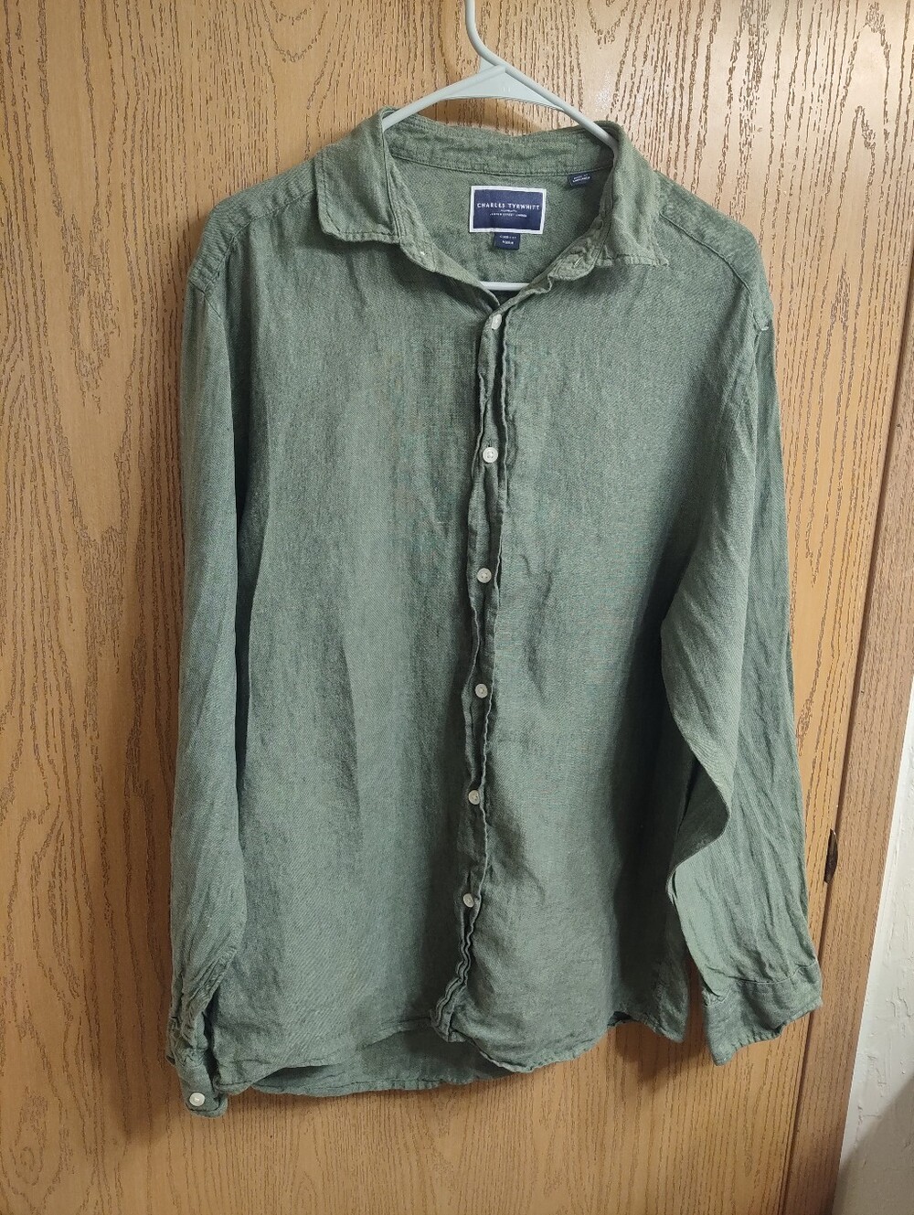 Charles Tyrwhitt Olive Green Linen Button-Down Shirt